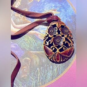 Carved butterfly vtg petrified wood Cut out necklace W/leather Reversible unisex
